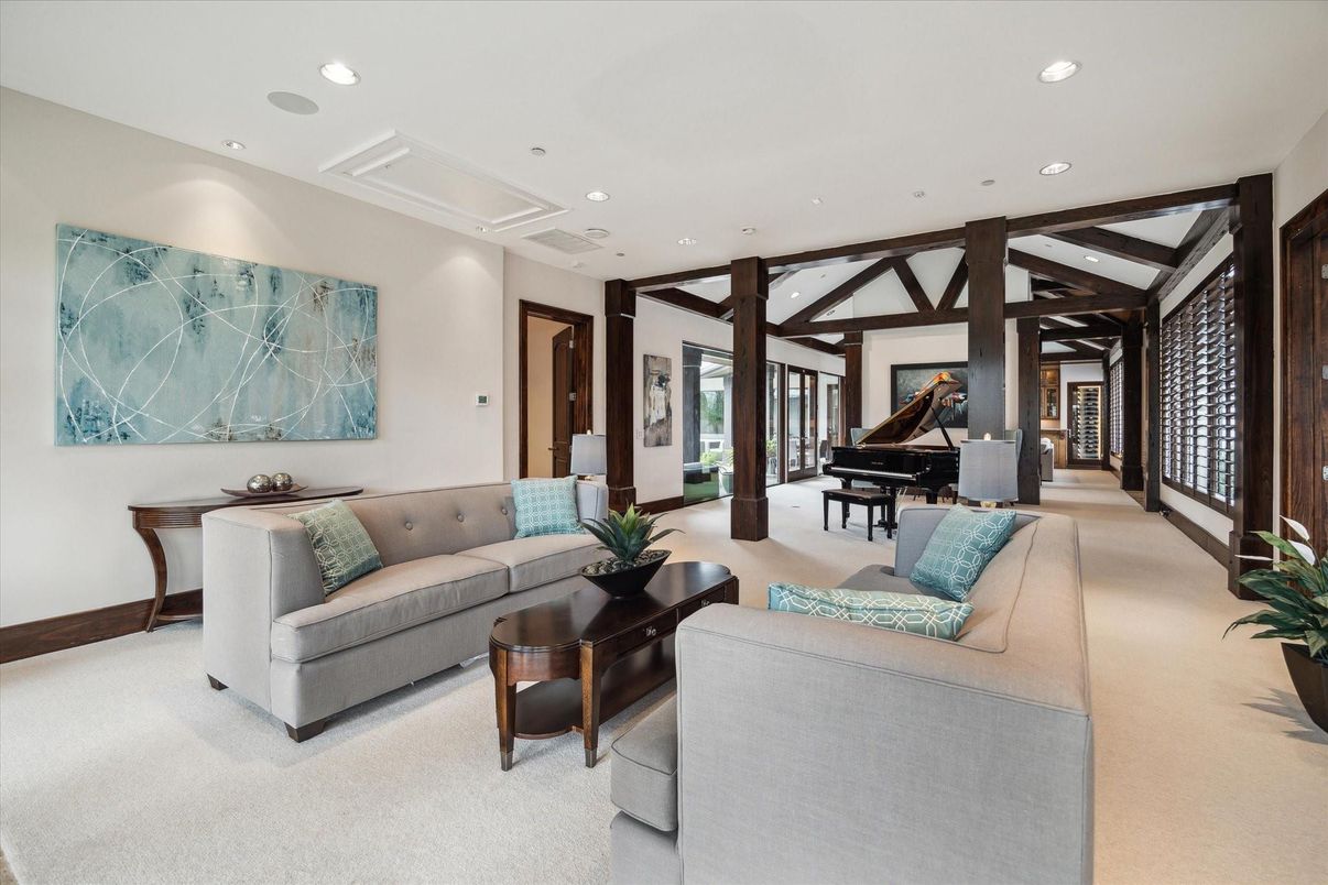 Interior, Living room, Piano, Recessed Lighting, Wooden Beams