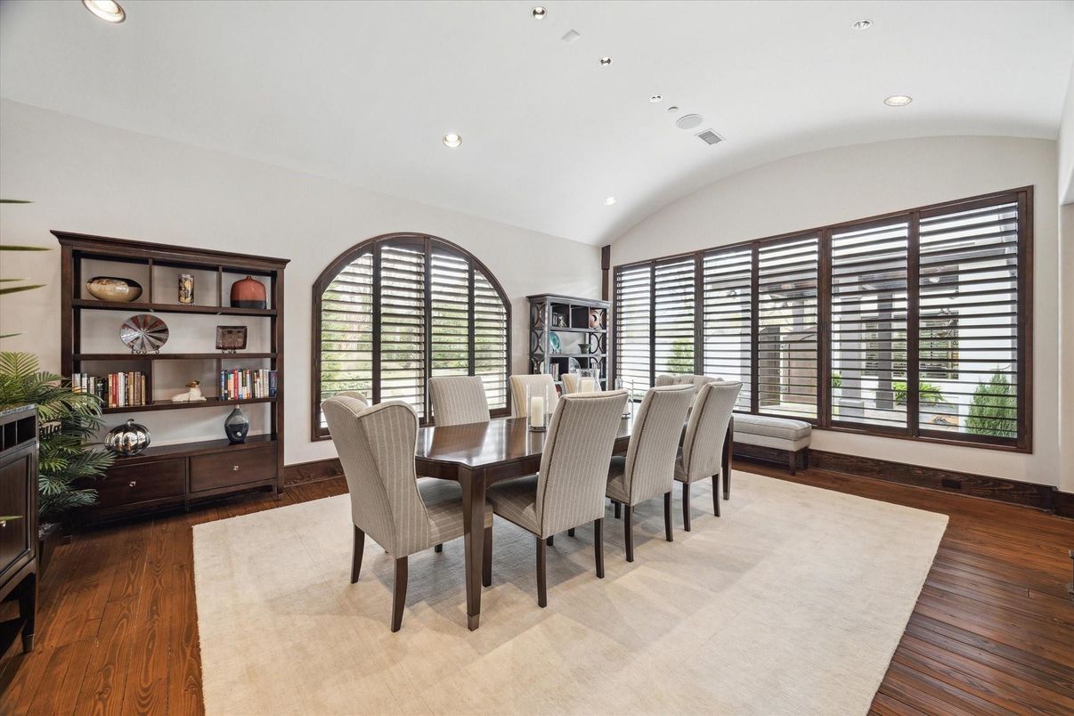 Dining room, Interior, Recessed Lighting, Wood Texture Flooring