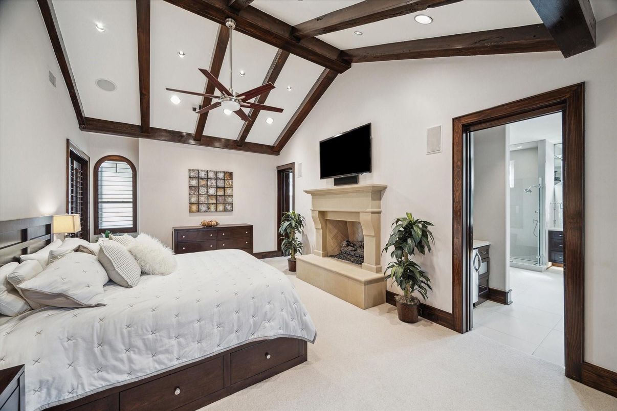 Bedroom, Fireplace, Interior, Recessed Lighting, Wooden Beams