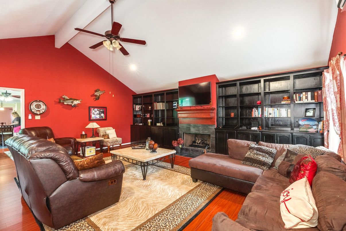 Fireplace, Interior, Living room, Recessed Lighting, Wood Texture Flooring
