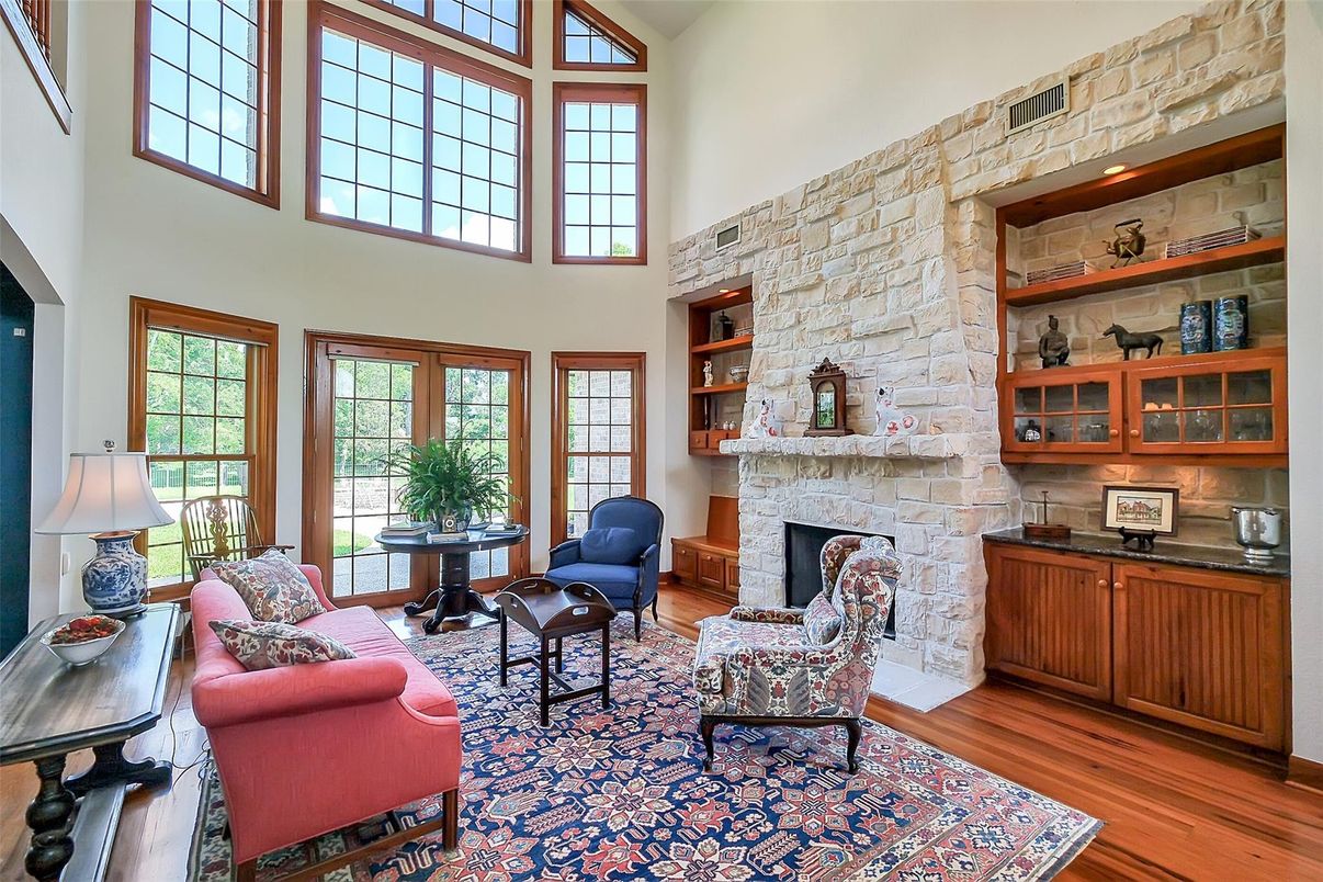 Fireplace, Interior, Living room, Stone Walls, Wood Texture Flooring