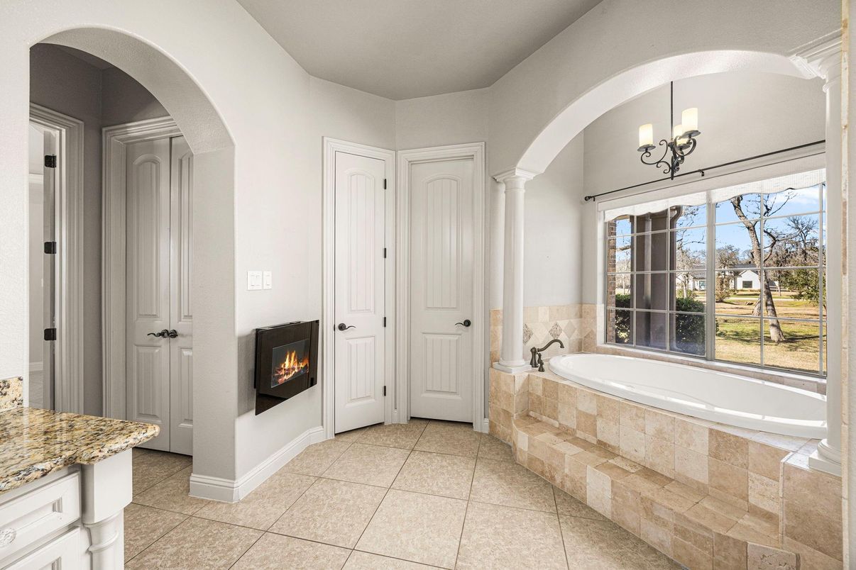 Bathroom, Chandelier, Fireplace, Interior