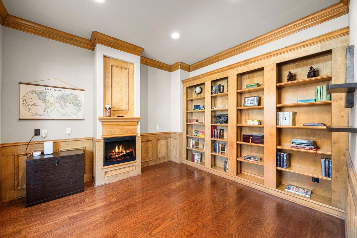 Fireplace, Interior, Recessed Lighting, Wood Texture Flooring