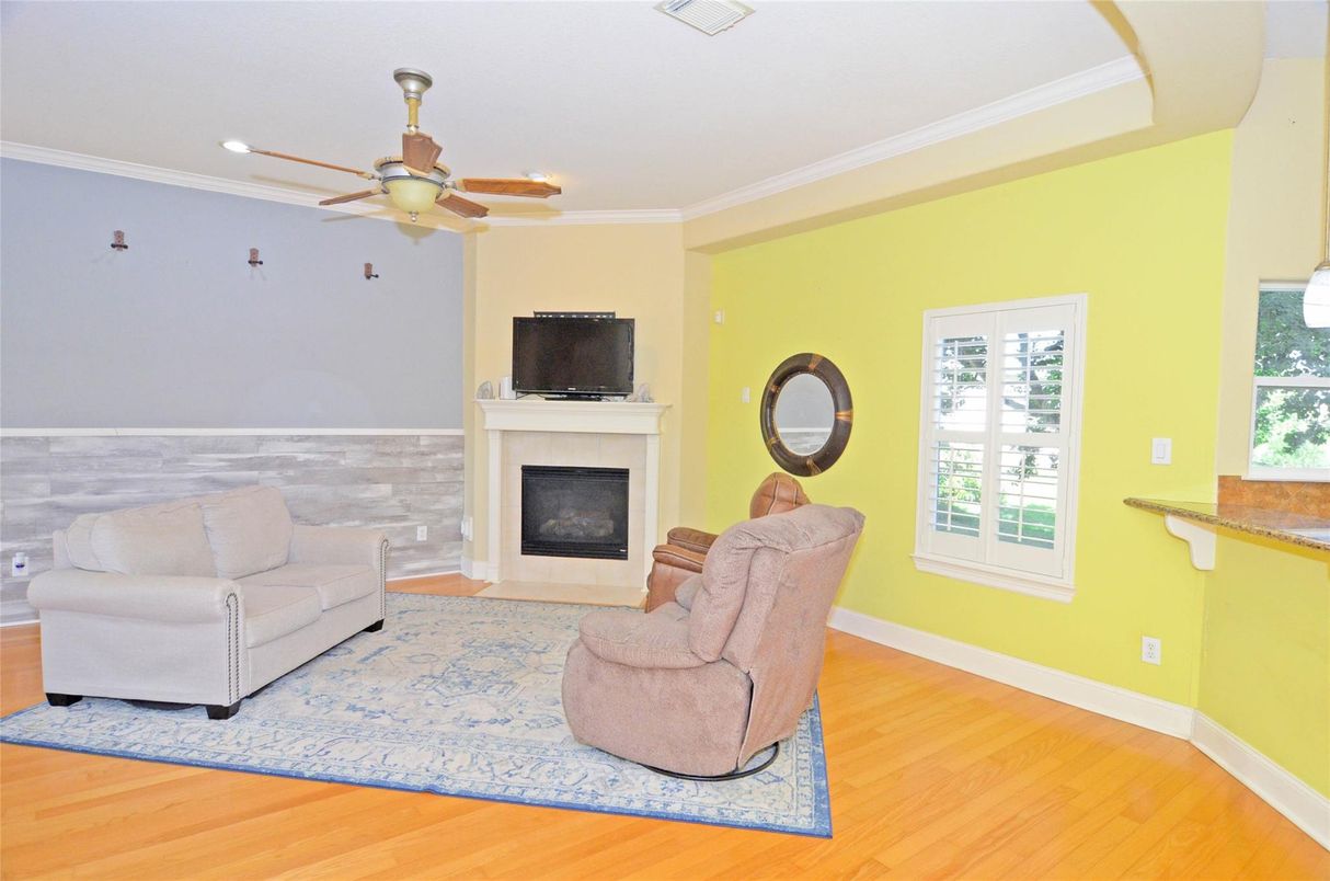Fireplace, Interior, Living room, Recessed Lighting, Wood Texture Flooring