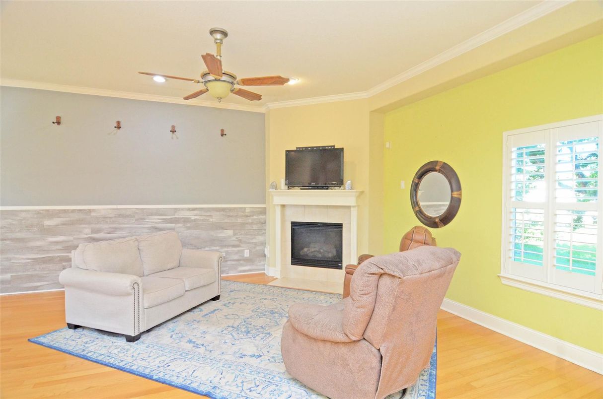 Fireplace, Interior, Recessed Lighting, Wood Texture Flooring
