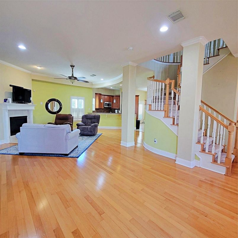Fireplace, Interior, Living room, Recessed Lighting, Wood Texture Flooring