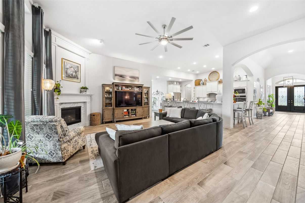 Fireplace, Interior, Kitchen, Living room, Recessed Lighting, Wood Texture Flooring