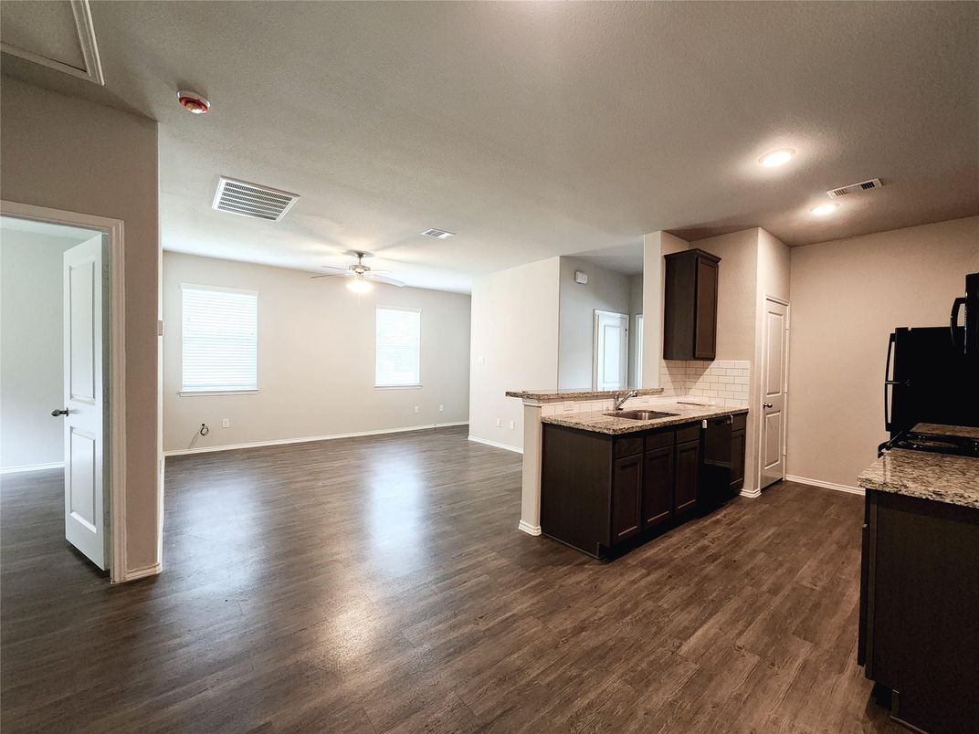 Empty room, Interior, Kitchen, Recessed Lighting, Wood Texture Flooring