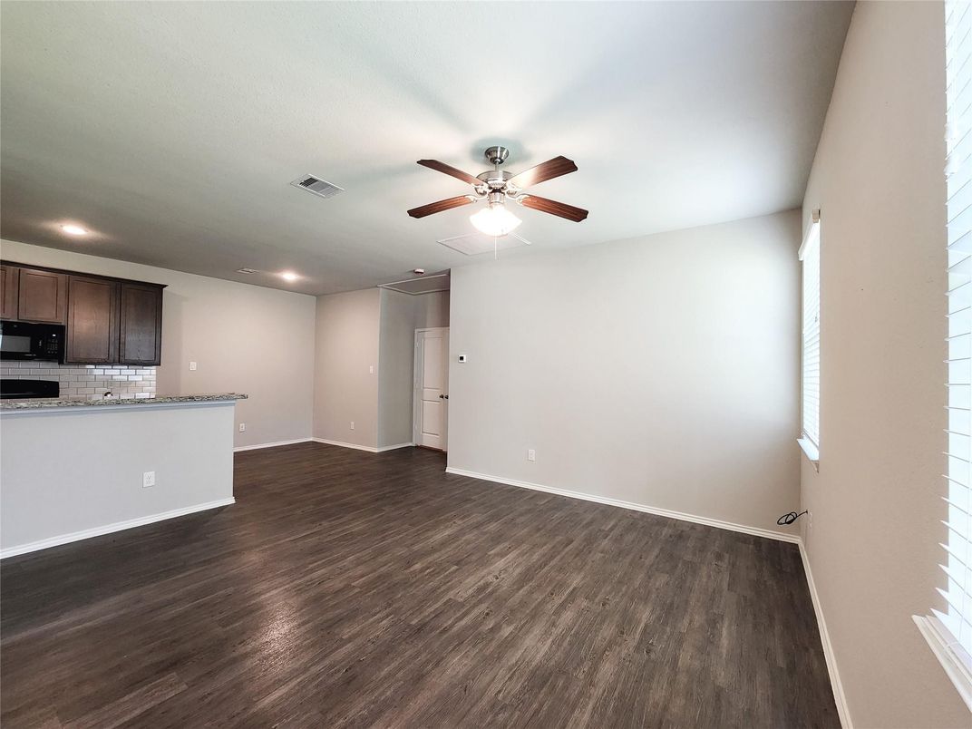 Empty room, Interior, Kitchen, Recessed Lighting, Wood Texture Flooring