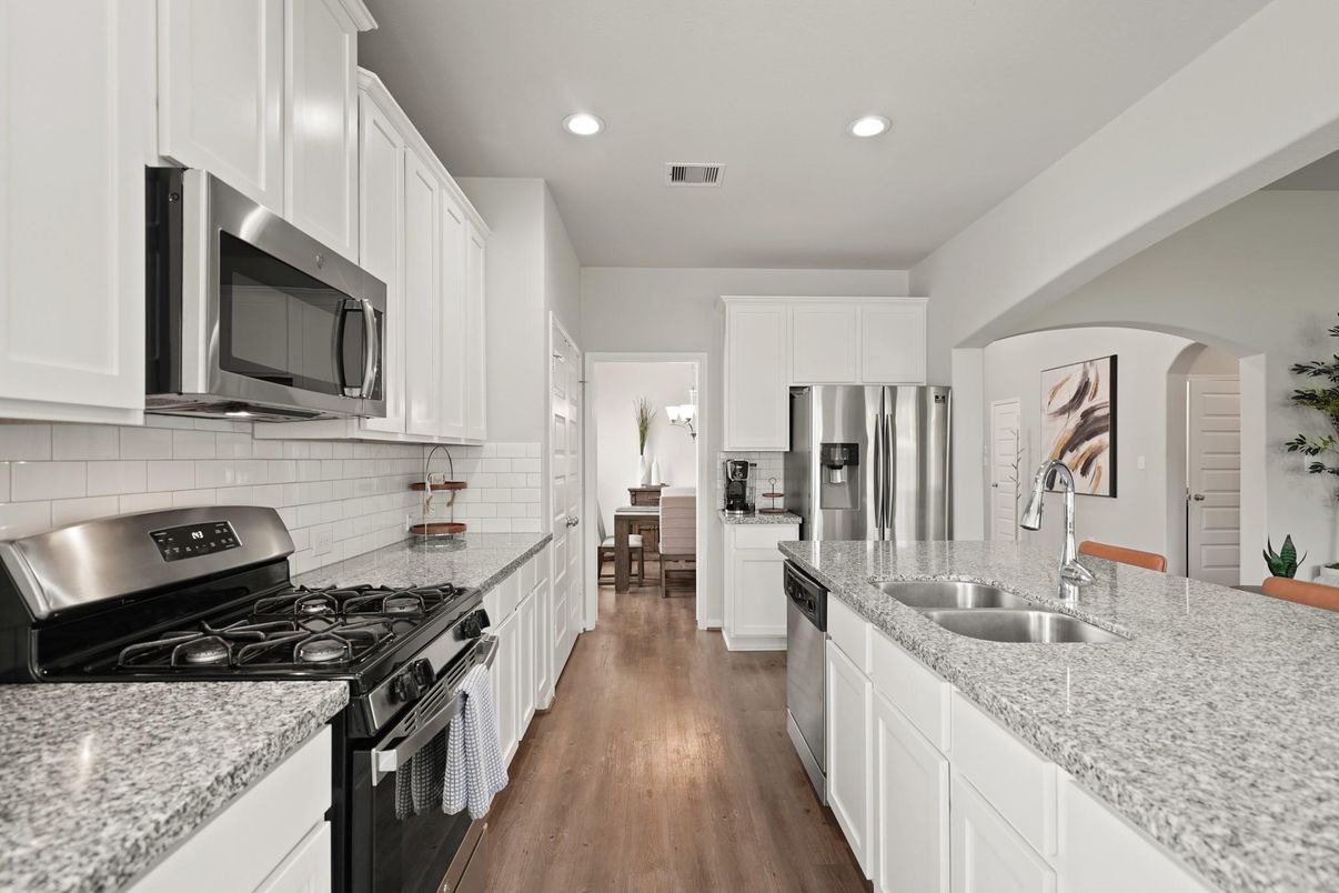 Interior, Kitchen, Recessed Lighting, Stainless Steel Appliances, Wood Texture Flooring