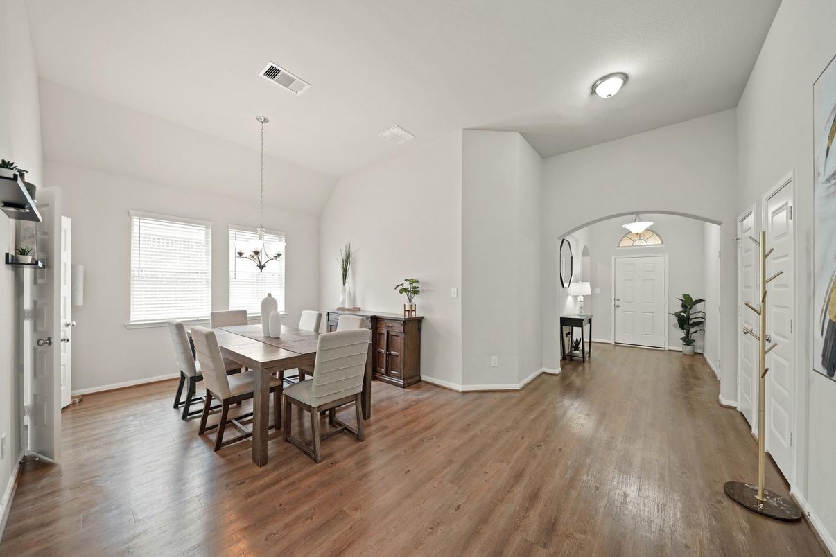 Dining room, Interior, Pendant Lights, Wood Texture Flooring