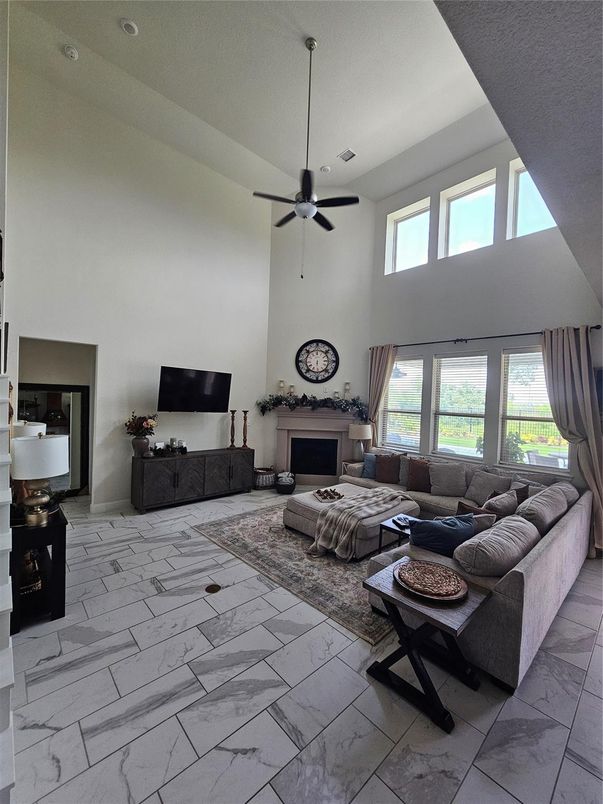 Fireplace, Interior, Living room, Marble, Recessed Lighting