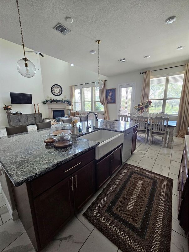 Dining room, Fireplace, Interior, Kitchen, Living room, Pendant Lights, Recessed Lighting