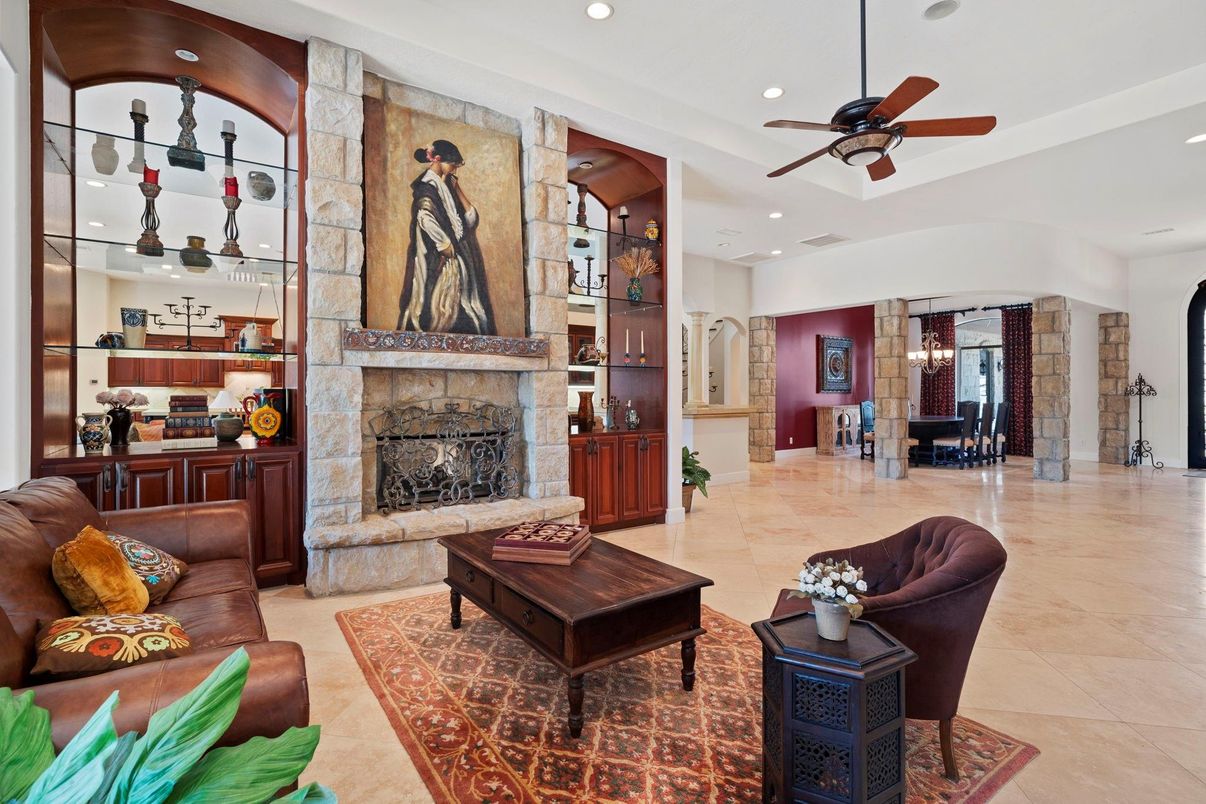 Fireplace, Interior, Living room, Recessed Lighting, Stone Walls
