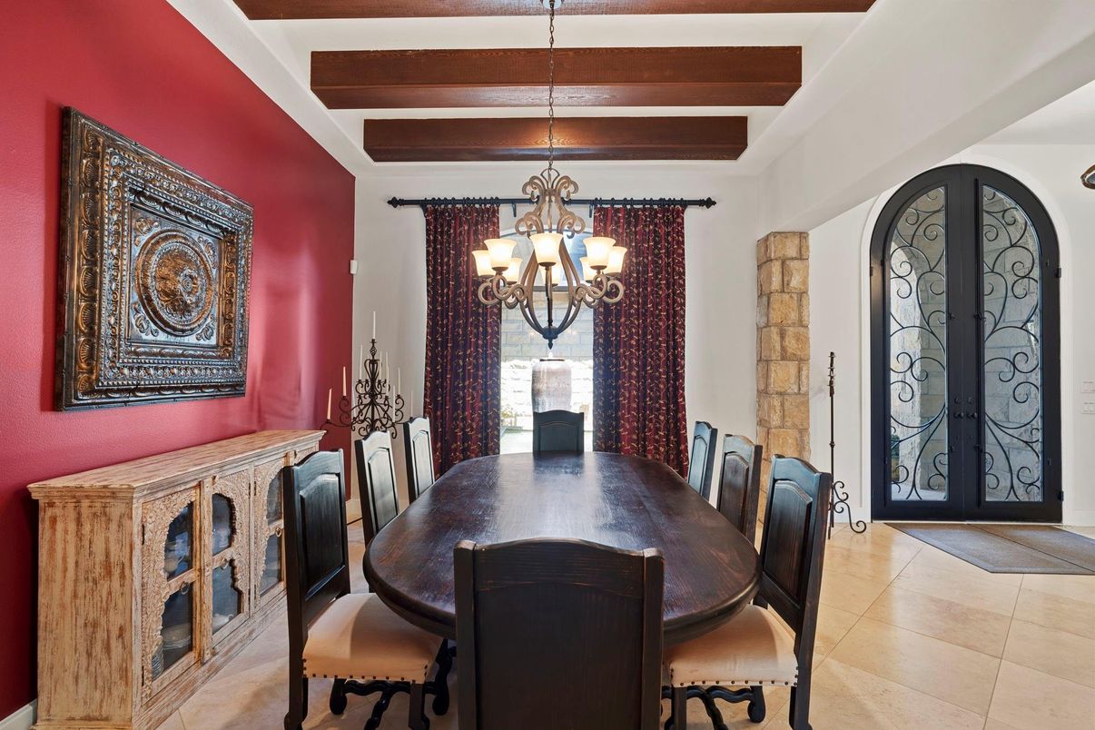 Chandelier, Dining room, Interior, Wooden Beams