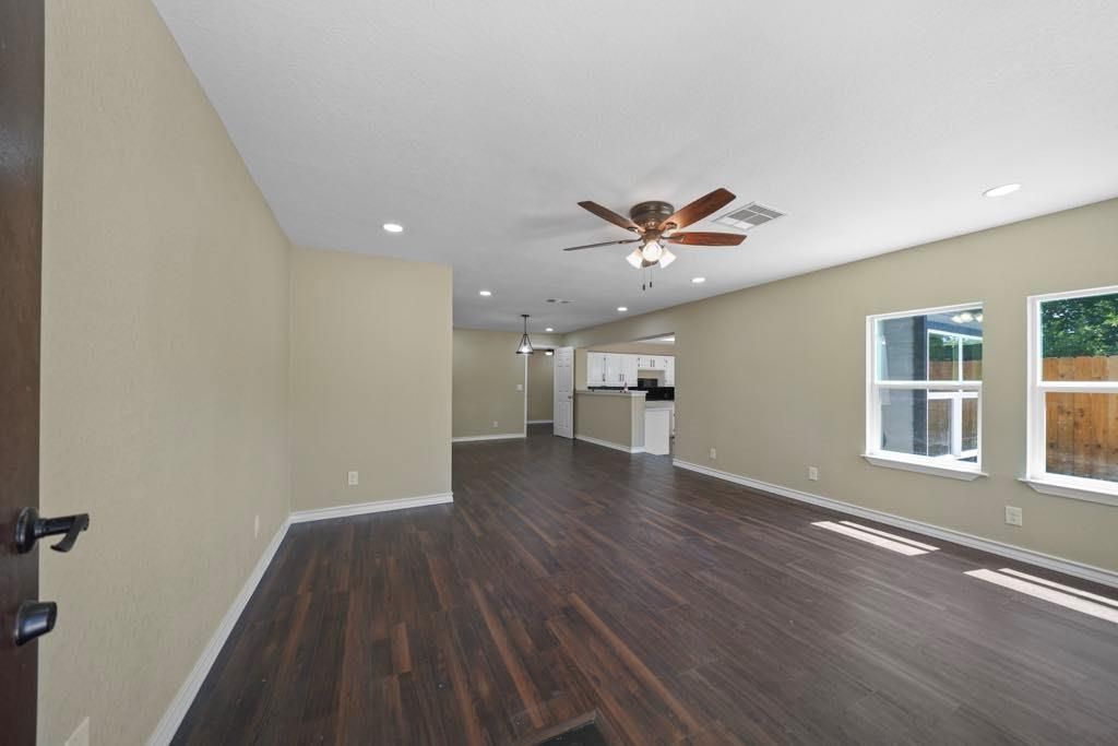 Empty room, Interior, Kitchen, Pendant Lights, Recessed Lighting, Wood Texture Flooring