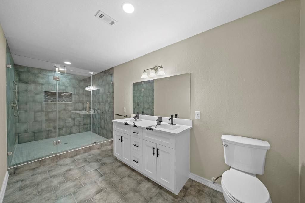 Bathroom, Dual Sink Vanities, Glass Shower, Interior, Recessed Lighting