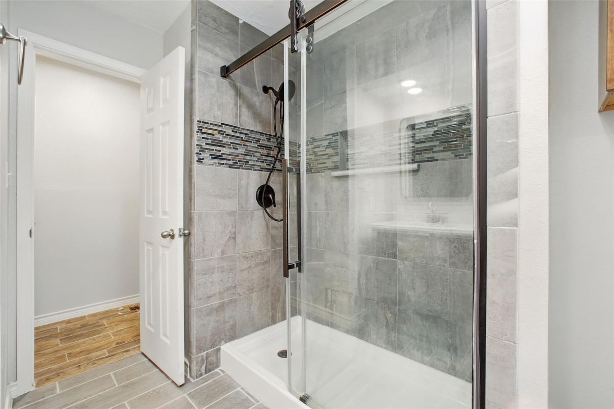 Bathroom, Glass Shower, Interior, Recessed Lighting, Wood Texture Flooring