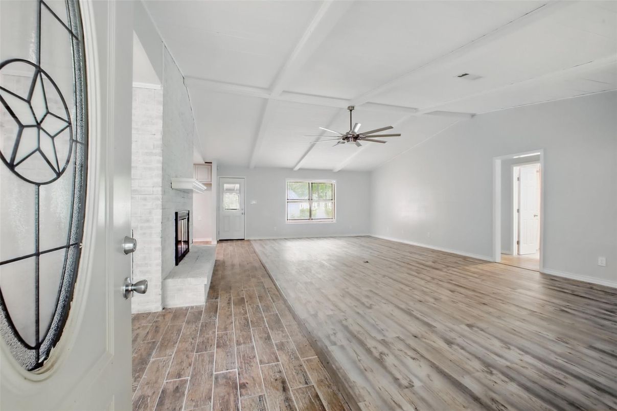 Empty room, Fireplace, Interior, Stone Walls, Wood Texture Flooring