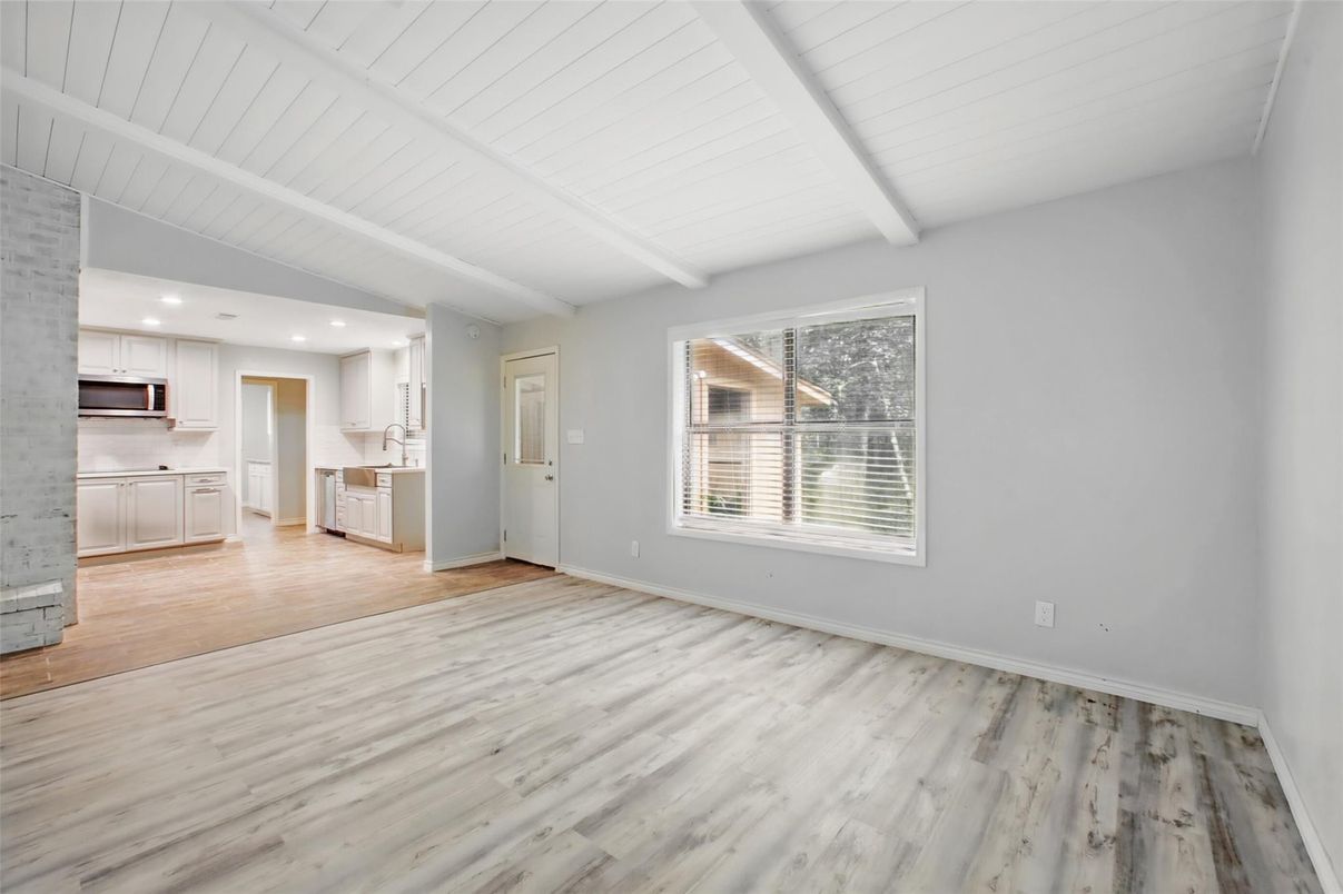 Empty room, Interior, Kitchen, Recessed Lighting, Wood Texture Flooring
