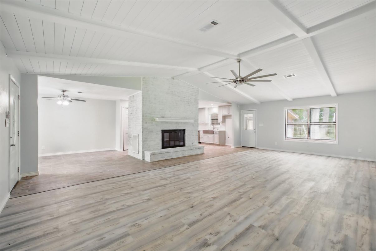 Empty room, Fireplace, Interior, Stone Walls, Wood Texture Flooring