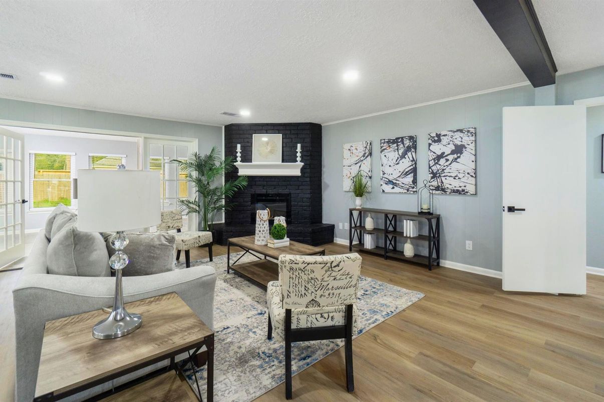 Fireplace, Interior, Living room, Recessed Lighting, Wood Texture Flooring