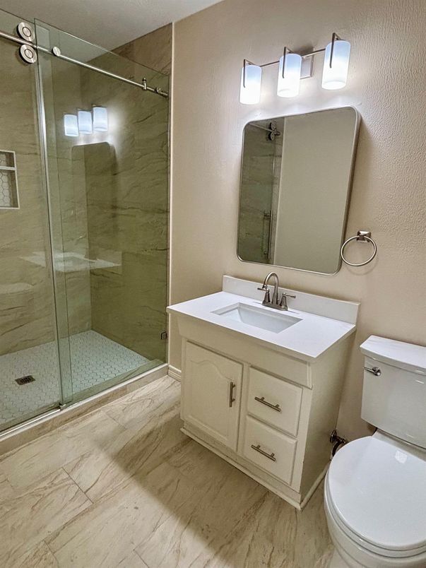 Bathroom, Glass Shower, Interior, Wood Texture Flooring