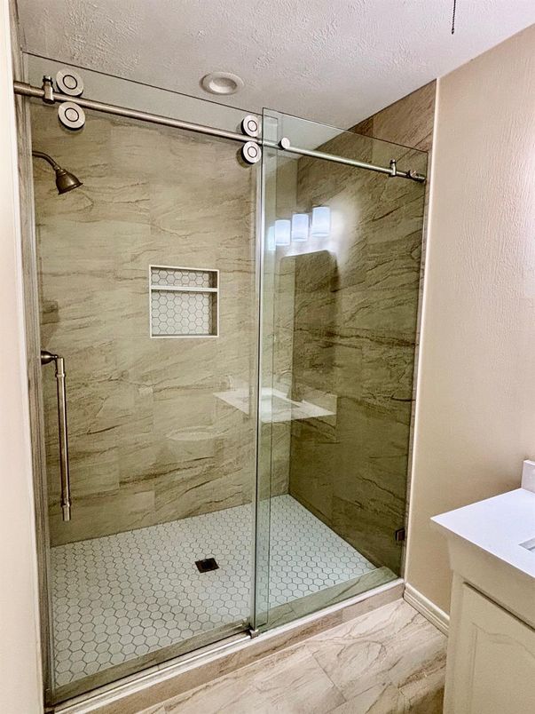 Bathroom, Glass Shower, Interior, Marble, Marble Walls, Recessed Lighting