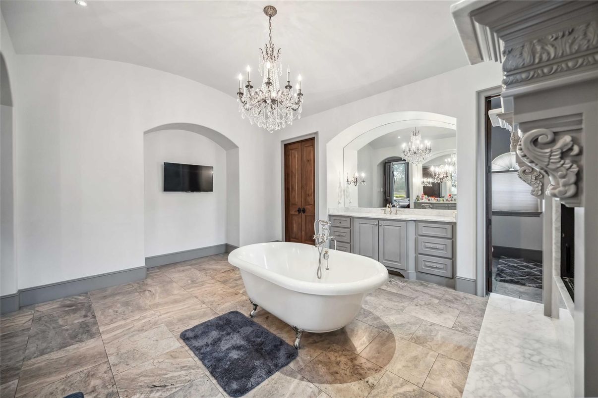 Bathroom, Chandelier, Dual Sink Vanities, Free Standing Baths, Interior, Marble