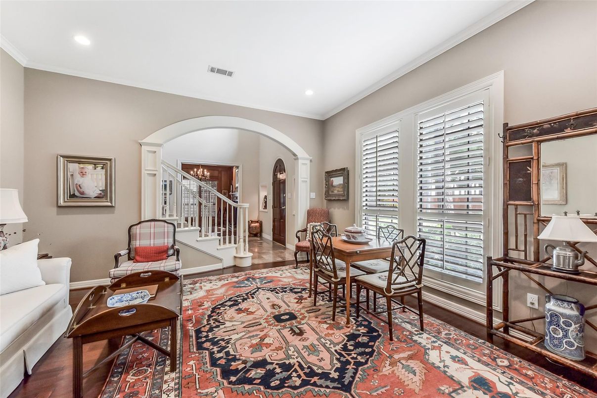 Dining room, Interior, Recessed Lighting, Wood Texture Flooring
