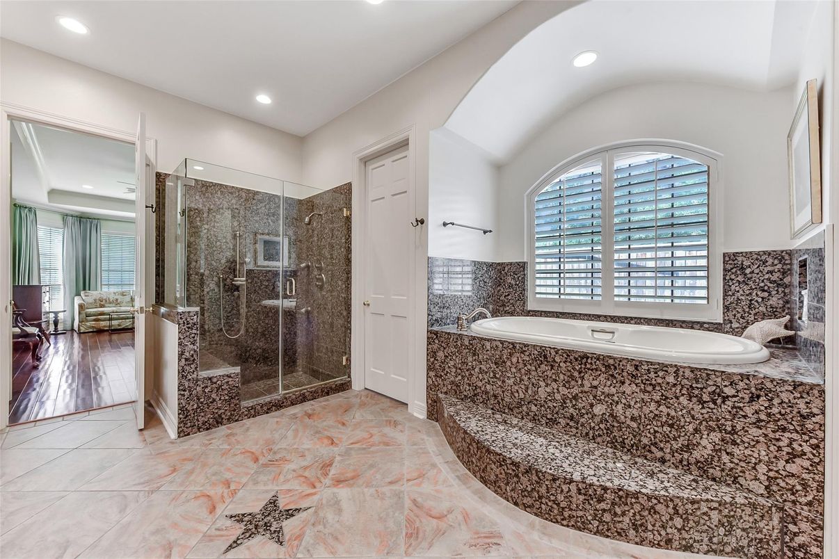 Bathroom, Glass Shower, Interior, Recessed Lighting, Wood Texture Flooring