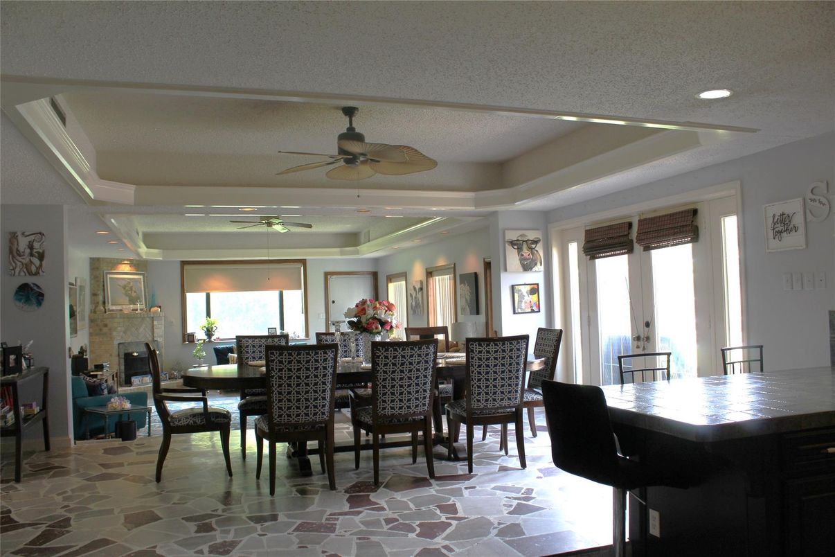 Dining room, Fireplace, Interior, Recessed Lighting