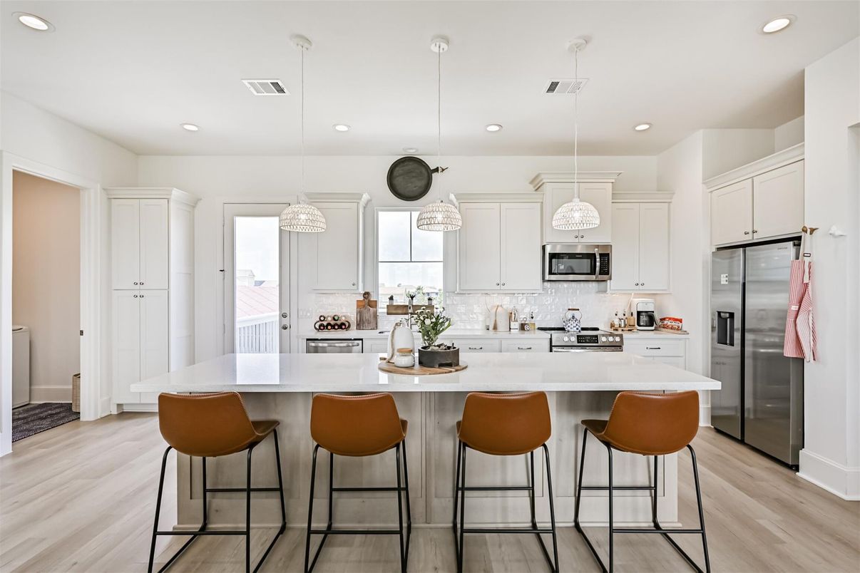 Interior, Kitchen, Pendant Lights, Recessed Lighting, Stainless Steel Appliances, Wood Texture Flooring