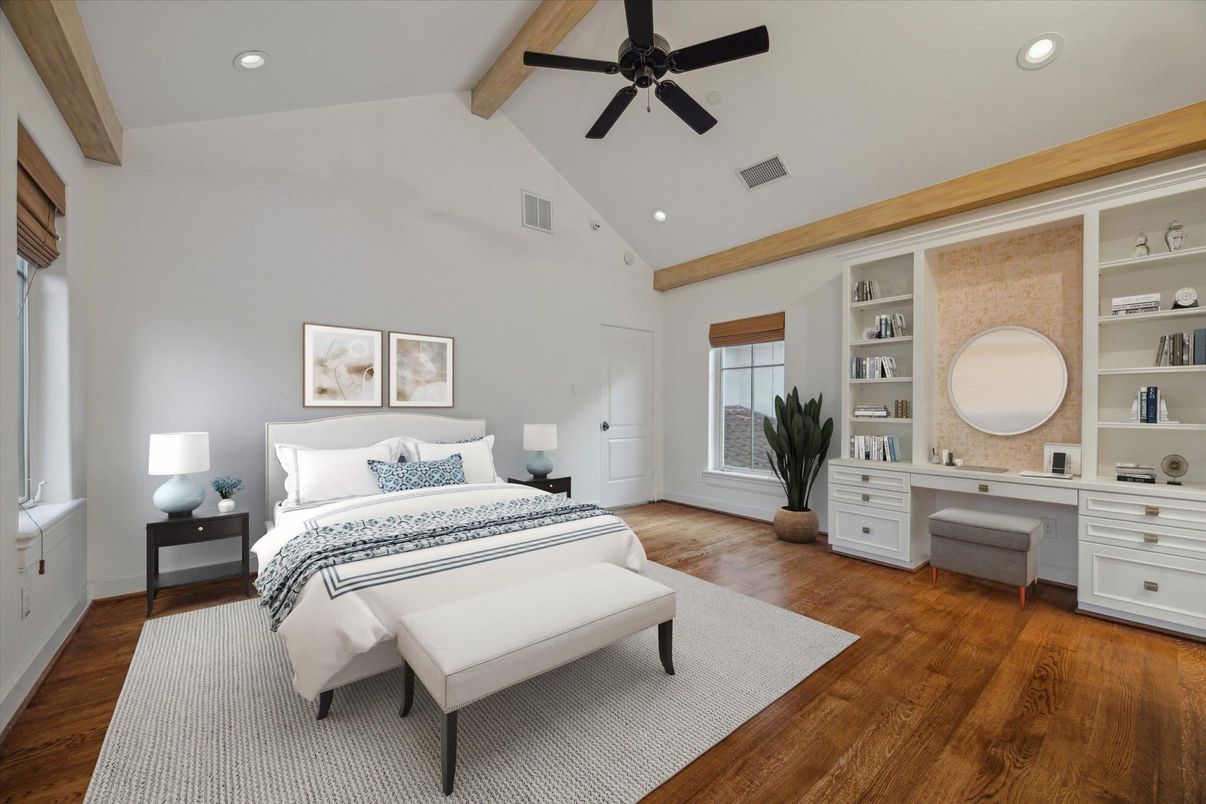 Bedroom, Interior, Recessed Lighting, Wooden Beams, Wood Texture Flooring