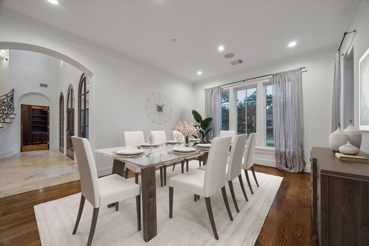 Dining room, Interior, Recessed Lighting, Wood Texture Flooring