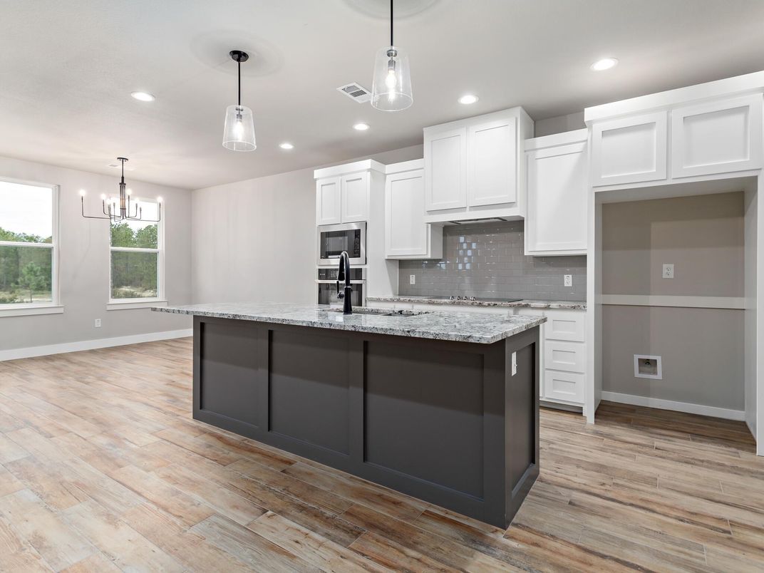 Interior, Kitchen, Pendant Lights, Recessed Lighting, Wood Texture Flooring