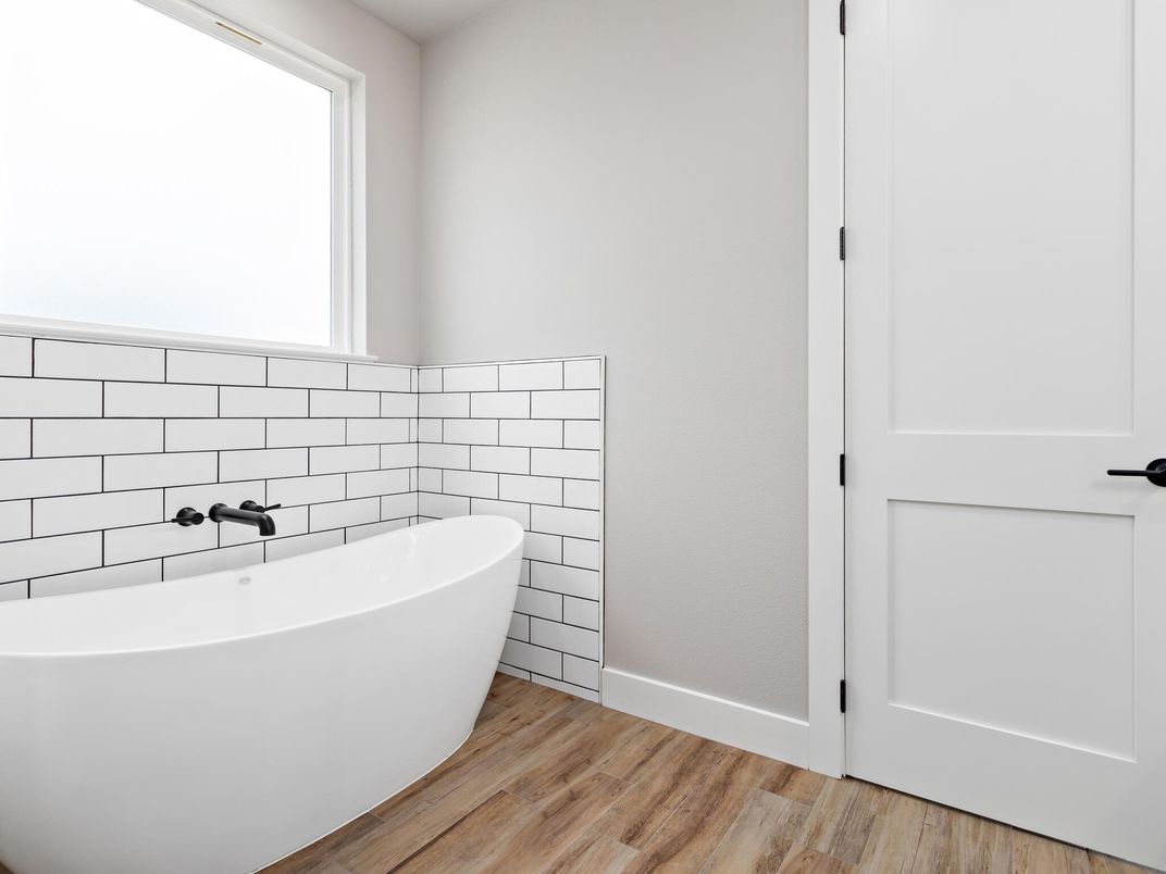 Bathroom, Free Standing Baths, Interior, Recessed Lighting, Wood Texture Flooring