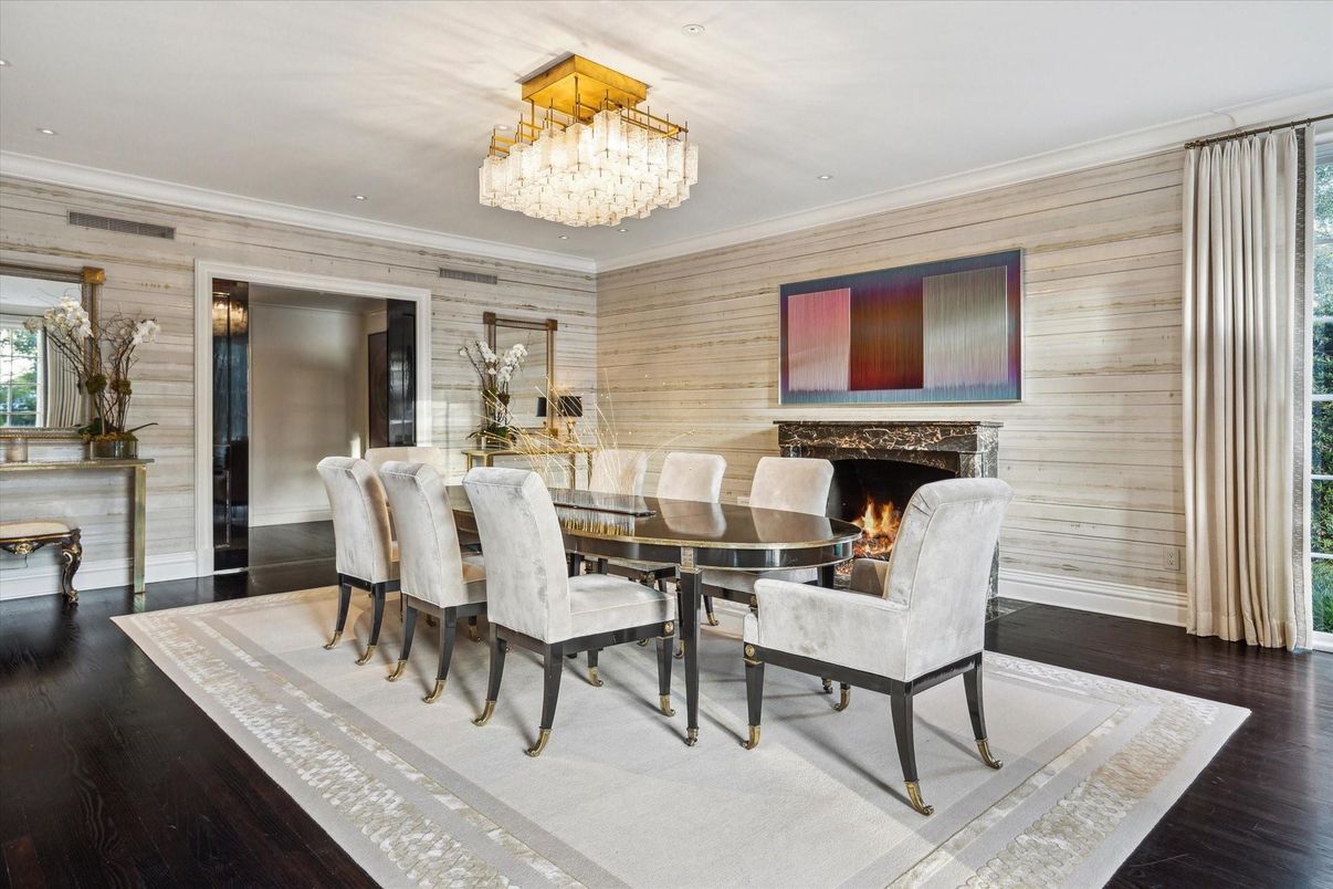 Chandelier, Dining room, Fireplace, Interior, Recessed Lighting, Wood Texture Flooring, Wooden Walls