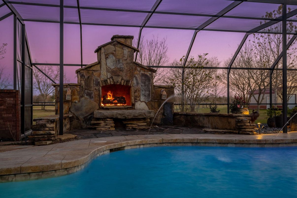 Fireplace, Glass Ceilings, Interior, Pool, Sun Room