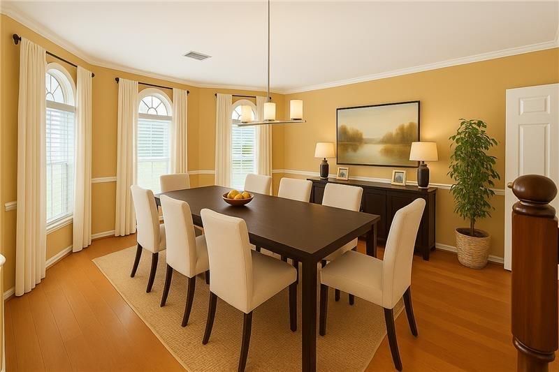 Dining room, Interior, Pendant Lights, Wood Texture Flooring