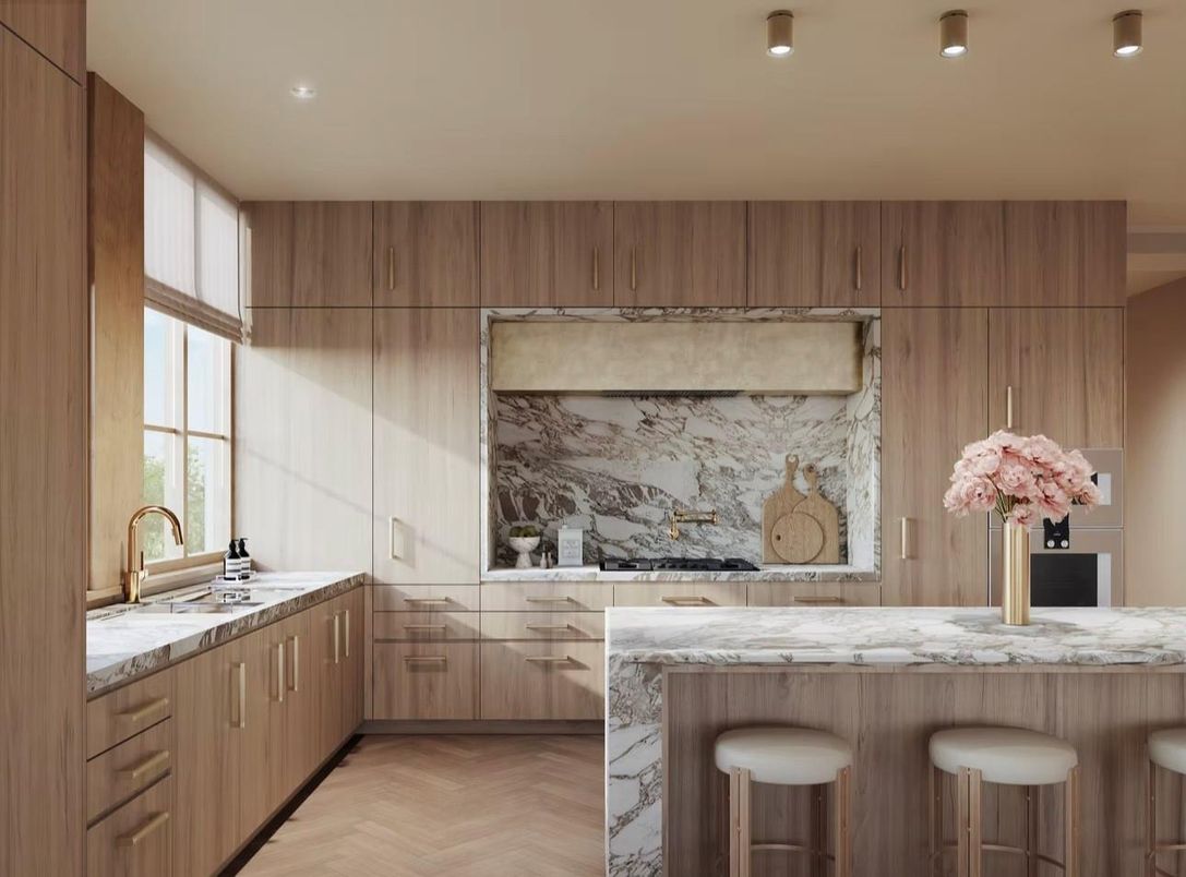 Interior, Kitchen, Marble Walls, Recessed Lighting, Wood Texture Flooring