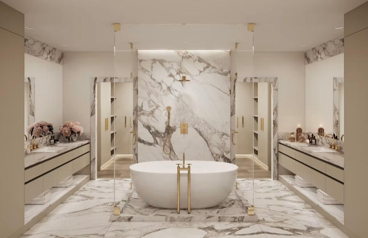 Bathroom, Free Standing Baths, Interior, Marble, Marble Walls, Recessed Lighting