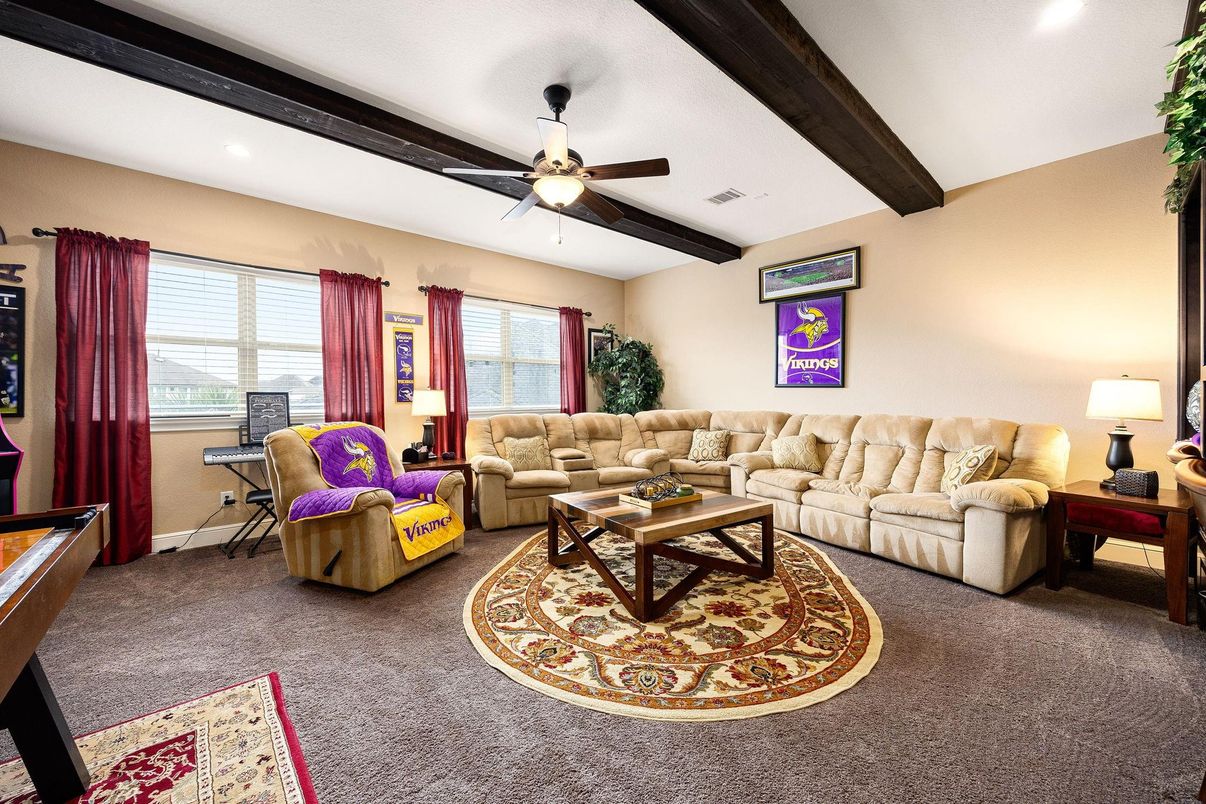 Interior, Living room, Recessed Lighting, Wooden Beams