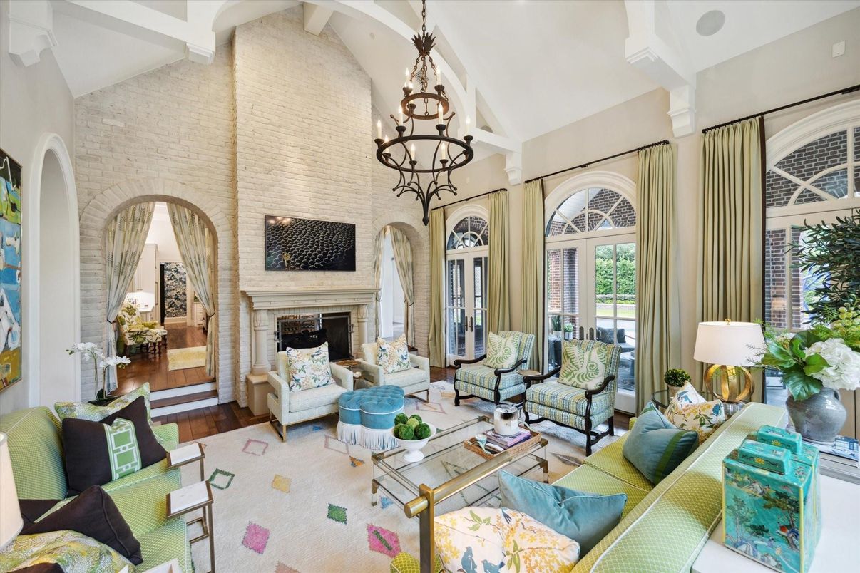 Chandelier, Fireplace, Interior, Living room, Stone Walls
