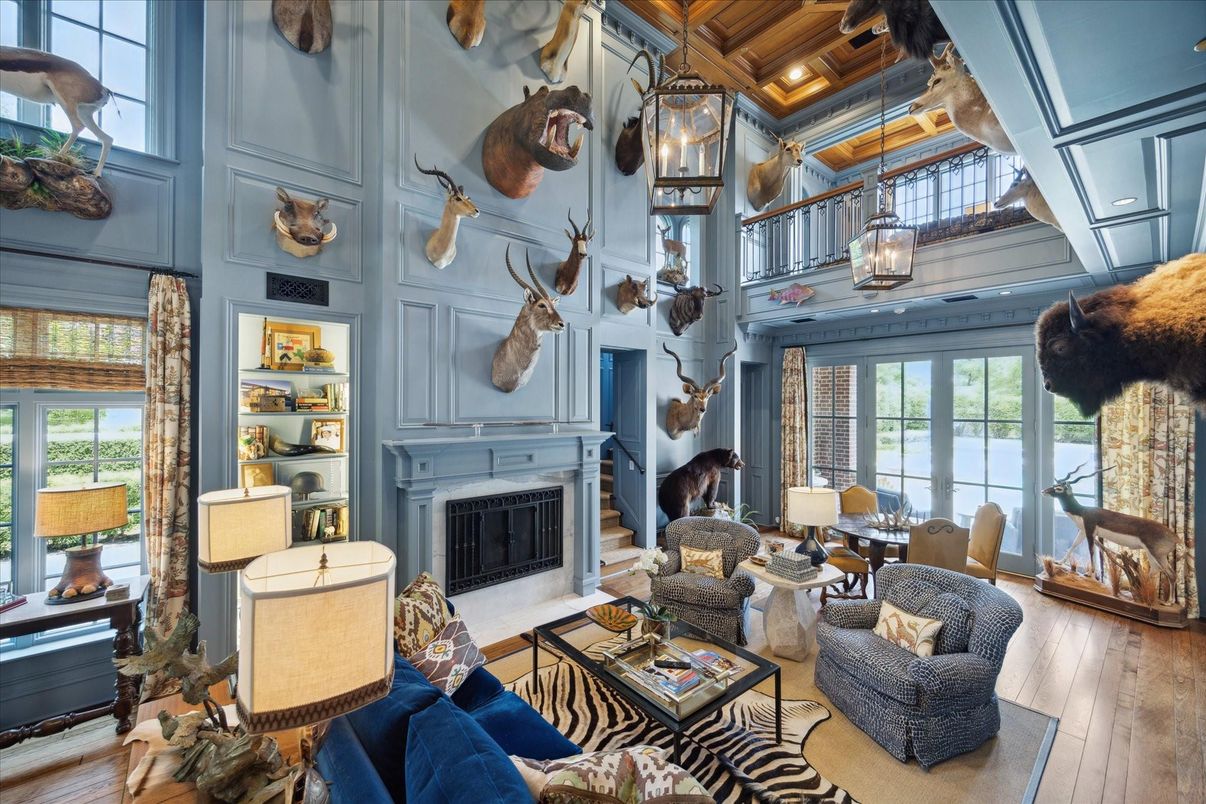 Dining room, Fireplace, Interior, Living room, Pendant Lights, Recessed Lighting, Wooden Beams, Wooden Ceilings, Wood Texture Flooring