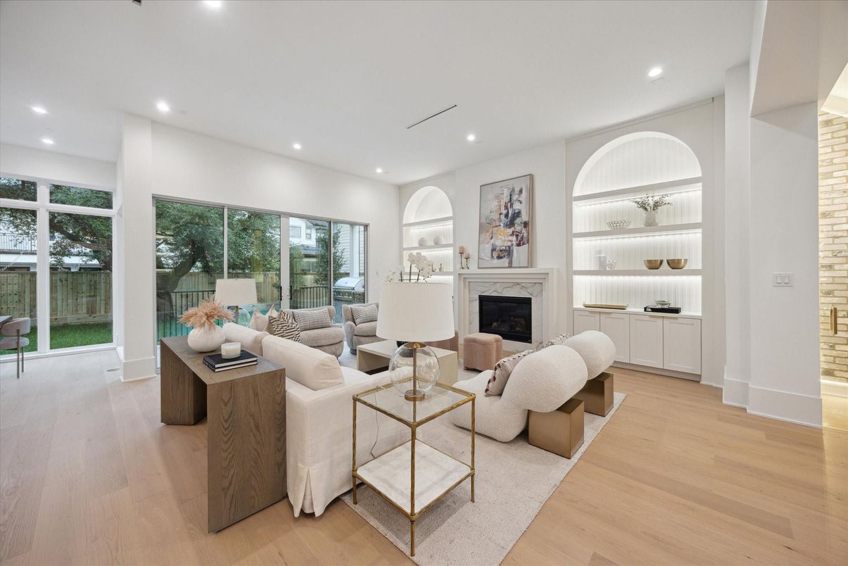Fireplace, Interior, Living room, Recessed Lighting, Wood Texture Flooring
