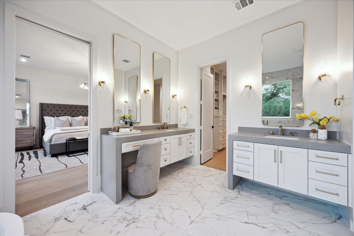 Bathroom, Bedroom, Dual Sink Vanities, Interior, Marble, Wood Texture Flooring