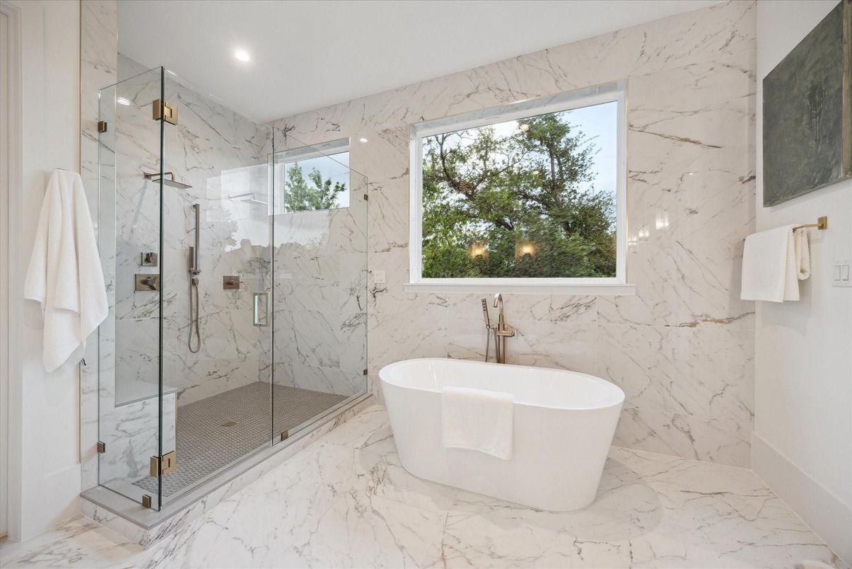 Bathroom, Free Standing Baths, Glass Shower, Interior, Marble, Marble Walls, Recessed Lighting
