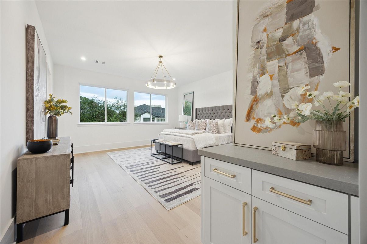 Bedroom, Interior, Pendant Lights, Recessed Lighting, Wood Texture Flooring