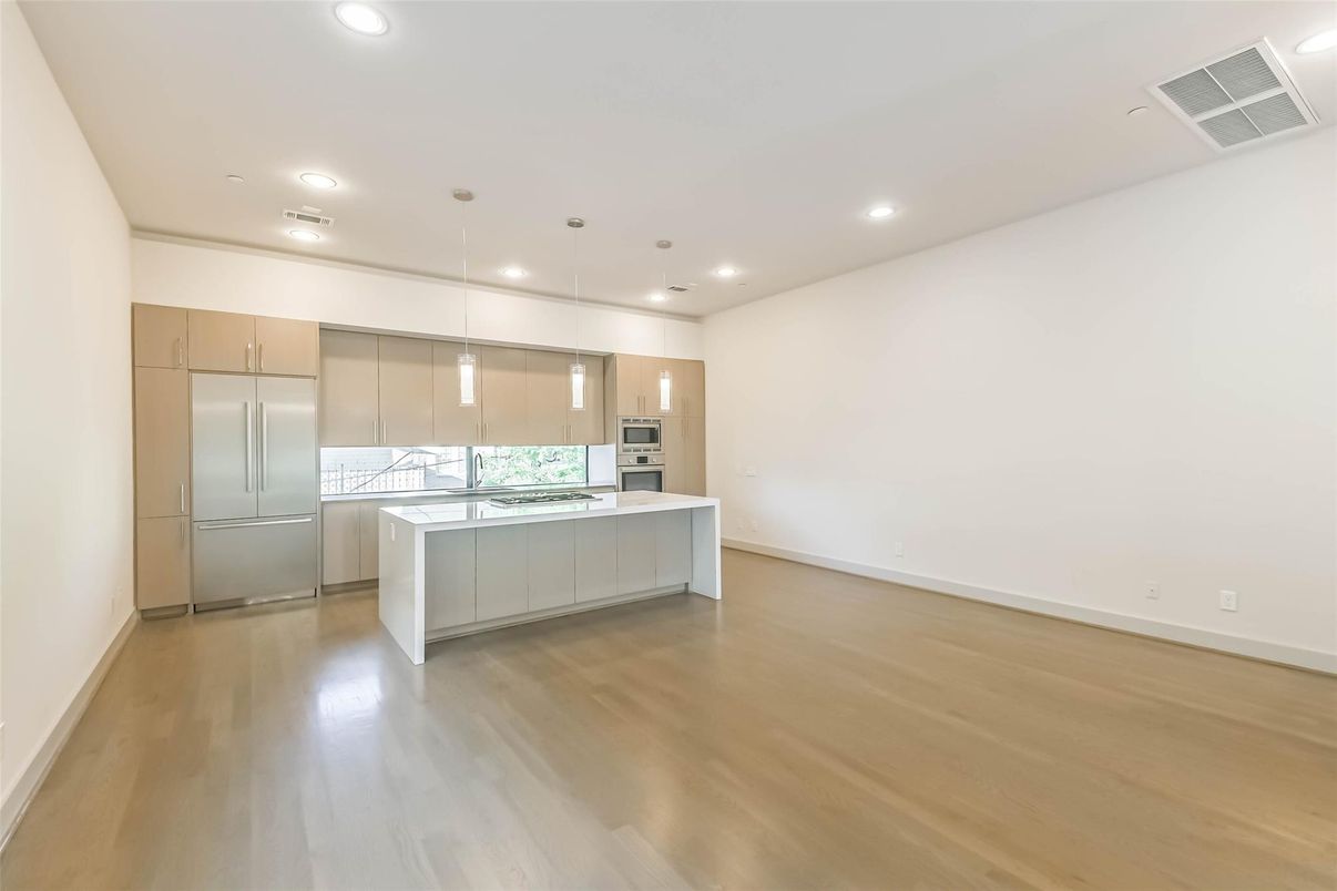 Interior, Kitchen, Pendant Lights, Recessed Lighting, Stainless Steel Appliances, Wood Texture Flooring